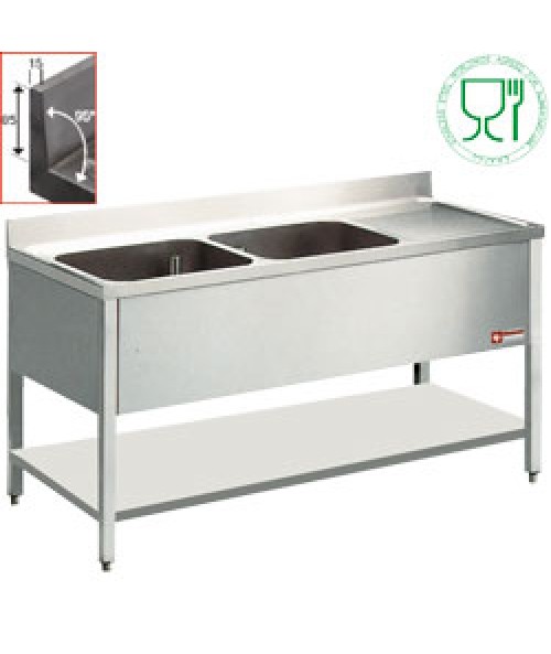 L1621D SS Benchtop With 2 Sink Tubs And Right Drain Surface